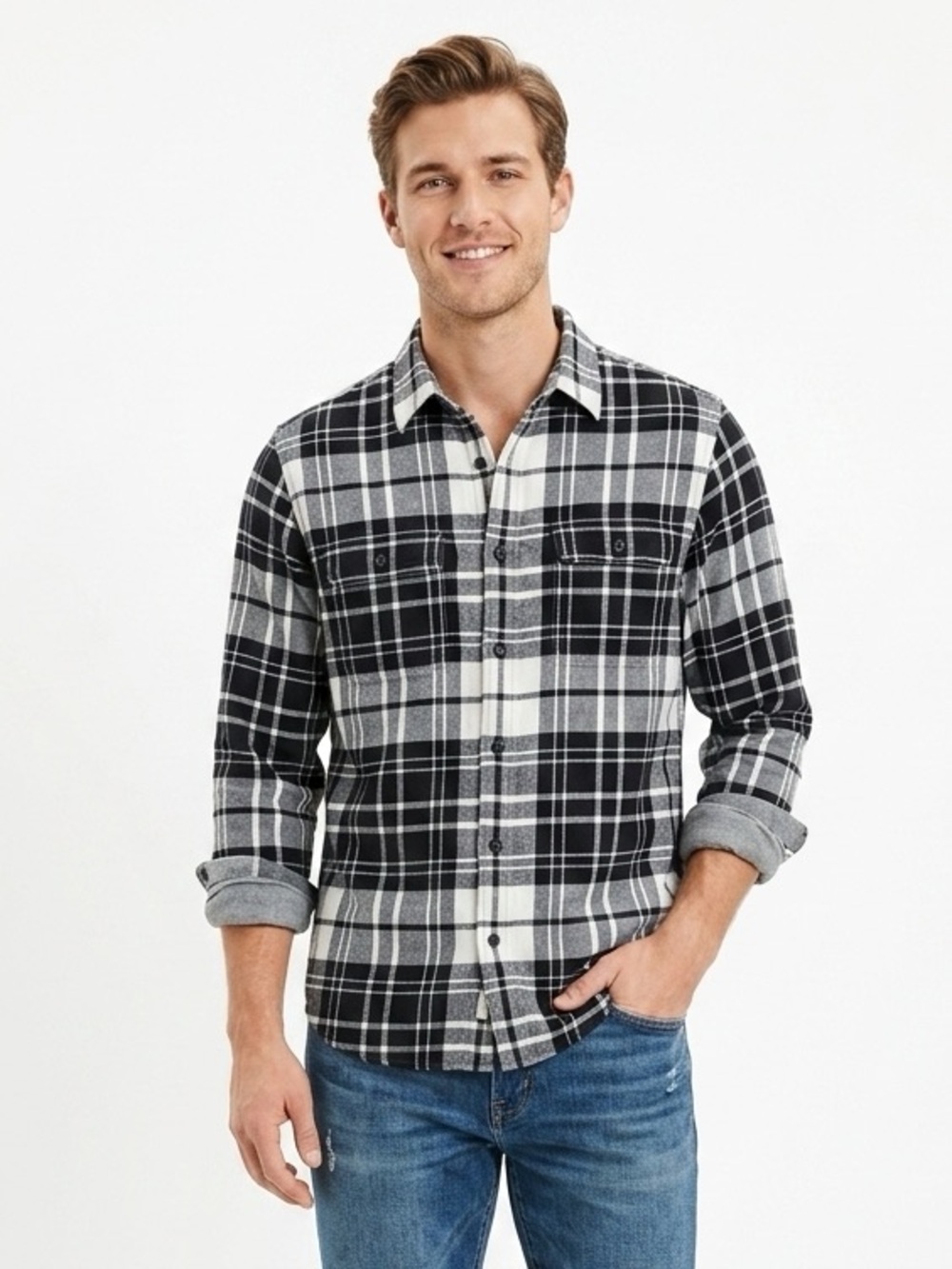 AEO AMERICAN EAGLE Men’s Plaid Flannel Shirt Black White L Large $50 NWOT